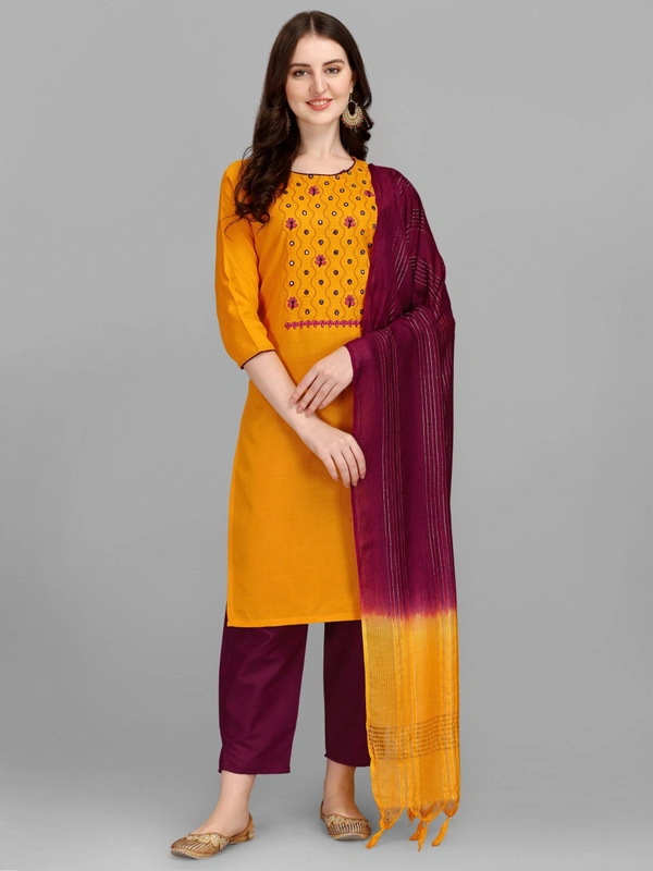 FEVT FANCY SLUB COTTON EMBROIDERD KURTI BOTTOM DUPATTA SET - L-40, Gold