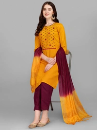 FEVT FANCY SLUB COTTON EMBROIDERD KURTI BOTTOM DUPATTA SET - L-40, Gold