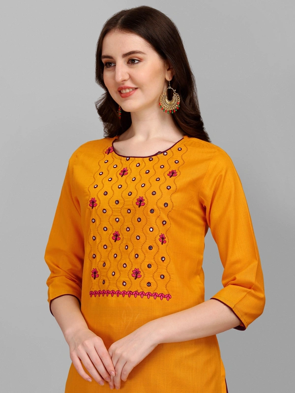 FEVT FANCY SLUB COTTON EMBROIDERD KURTI BOTTOM DUPATTA SET - L-40, Gold