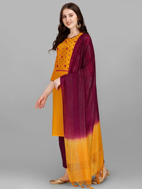 FEVT FANCY SLUB COTTON EMBROIDERD KURTI BOTTOM DUPATTA SET - L-40, Gold