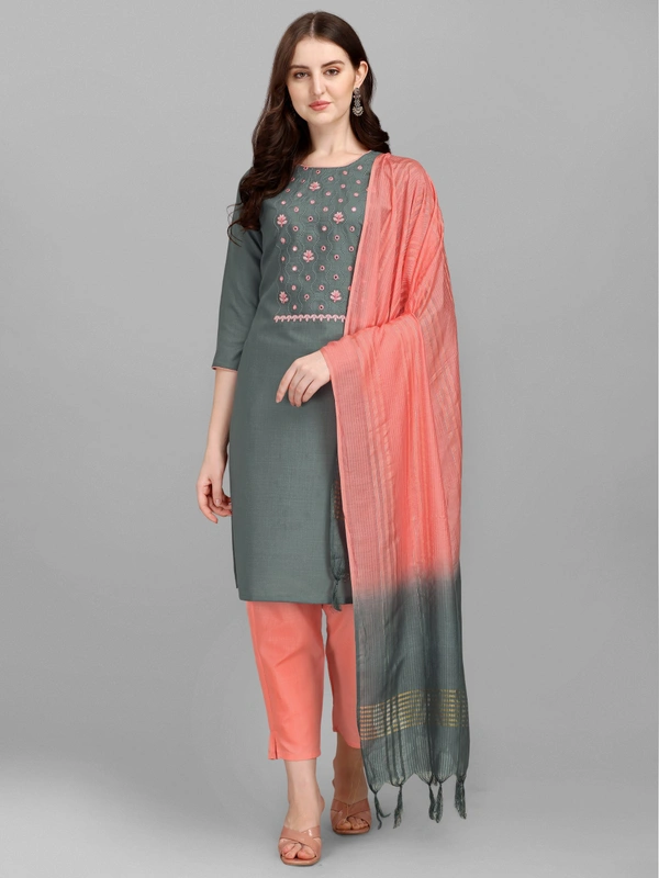 FEVT FANCY SLUB COTTON EMBROIDERD KURTI BOTTOM DUPATTA SET - M-38, Gray