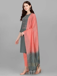 FEVT FANCY SLUB COTTON EMBROIDERD KURTI BOTTOM DUPATTA SET - M-38, Gray