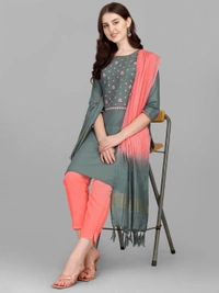 FEVT FANCY SLUB COTTON EMBROIDERD KURTI BOTTOM DUPATTA SET - M-38, Gray