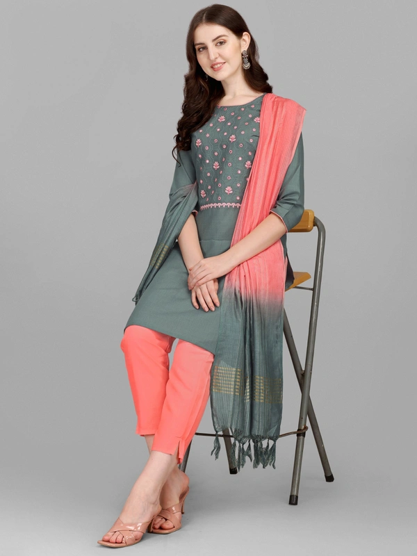 FEVT FANCY SLUB COTTON EMBROIDERD KURTI BOTTOM DUPATTA SET - M-38, Gray