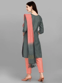 FEVT FANCY SLUB COTTON EMBROIDERD KURTI BOTTOM DUPATTA SET - M-38, Gray