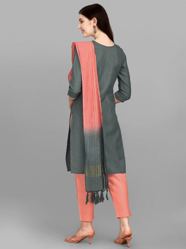 FEVT FANCY SLUB COTTON EMBROIDERD KURTI BOTTOM DUPATTA SET - M-38, Gray