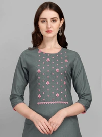 FEVT FANCY SLUB COTTON EMBROIDERD KURTI BOTTOM DUPATTA SET - M-38, Gray
