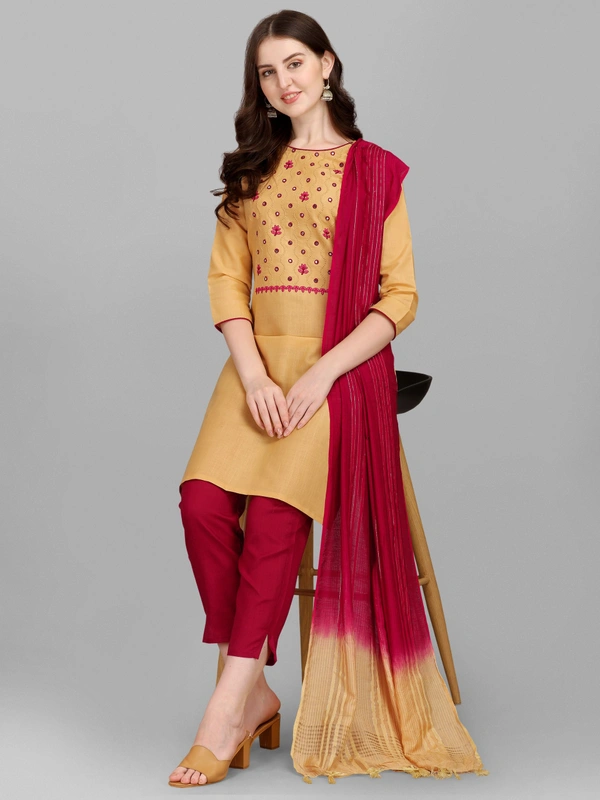 FEVT FANCY SLUB COTTON EMBROIDERD KURTI BOTTOM DUPATTA SET - M-38, Harvest Gold