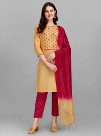 FEVT FANCY SLUB COTTON EMBROIDERD KURTI BOTTOM DUPATTA SET - M-38, Harvest Gold
