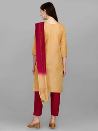 FEVT FANCY SLUB COTTON EMBROIDERD KURTI BOTTOM DUPATTA SET - M-38, Harvest Gold