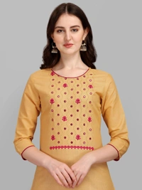 FEVT FANCY SLUB COTTON EMBROIDERD KURTI BOTTOM DUPATTA SET - M-38, Harvest Gold