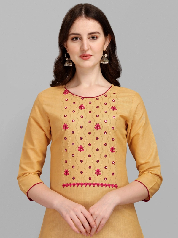 FEVT FANCY SLUB COTTON EMBROIDERD KURTI BOTTOM DUPATTA SET - M-38, Harvest Gold
