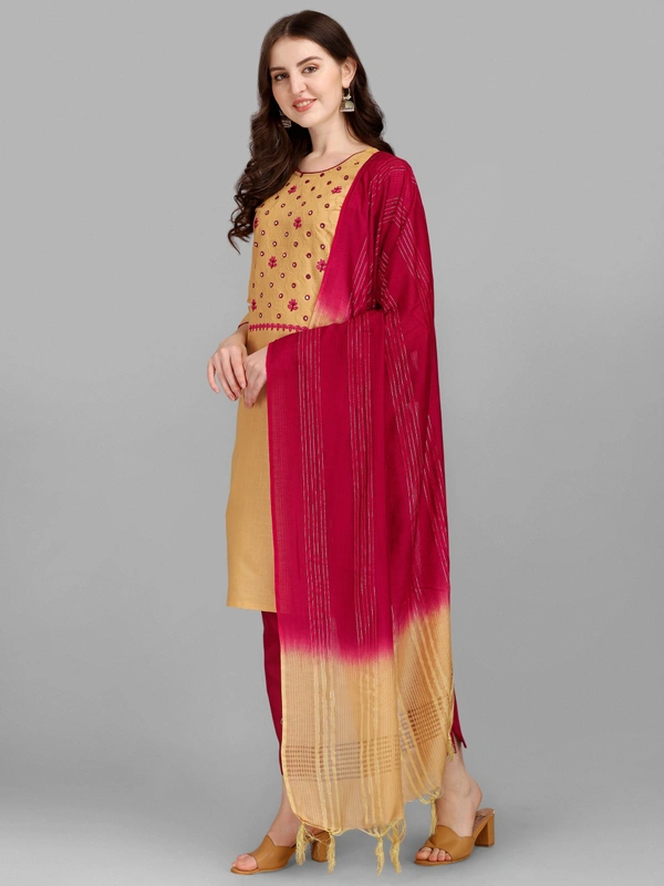 FEVT FANCY SLUB COTTON EMBROIDERD KURTI BOTTOM DUPATTA SET - M-38, Harvest Gold