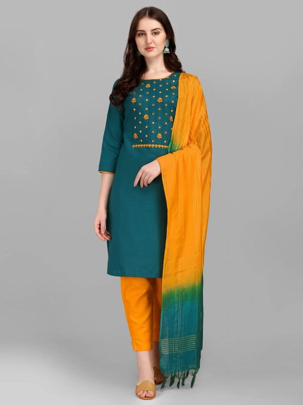 FEVT FANCY SLUB COTTON EMBROIDERD KURTI BOTTOM DUPATTA SET - M-38, Eden