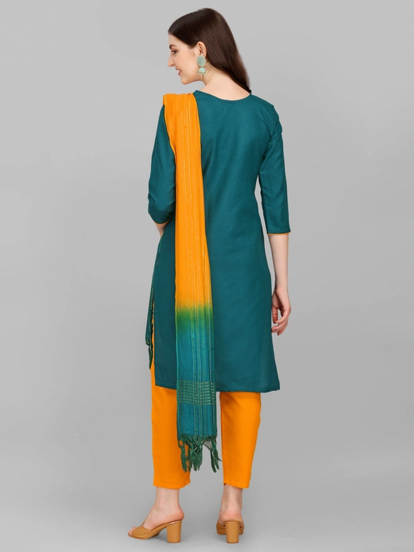 FEVT FANCY SLUB COTTON EMBROIDERD KURTI BOTTOM DUPATTA SET - M-38, Eden