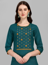 FEVT FANCY SLUB COTTON EMBROIDERD KURTI BOTTOM DUPATTA SET - M-38, Eden