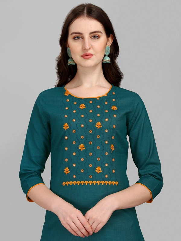 FEVT FANCY SLUB COTTON EMBROIDERD KURTI BOTTOM DUPATTA SET - M-38, Eden