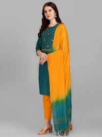 FEVT FANCY SLUB COTTON EMBROIDERD KURTI BOTTOM DUPATTA SET - M-38, Eden
