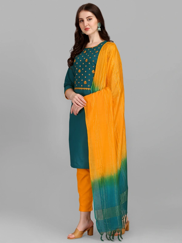 FEVT FANCY SLUB COTTON EMBROIDERD KURTI BOTTOM DUPATTA SET - M-38, Eden