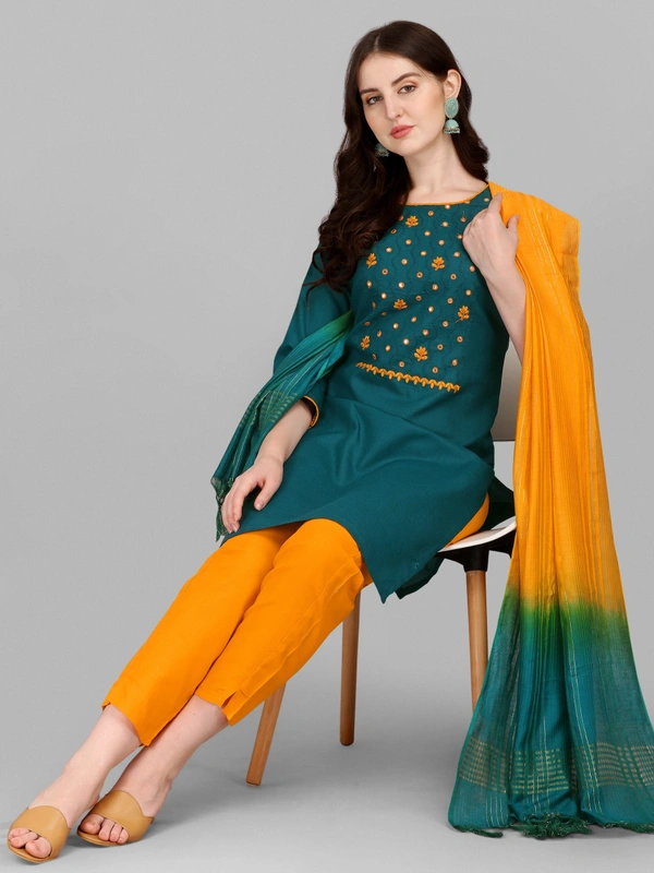 FEVT FANCY SLUB COTTON EMBROIDERD KURTI BOTTOM DUPATTA SET - M-38, Eden