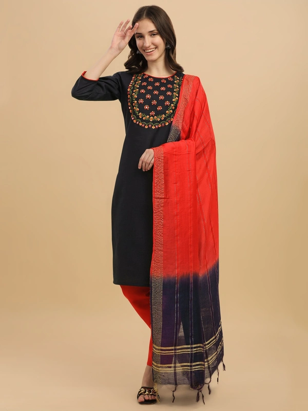 FWVT FANCY COTTON NECK EMBROIDERED KURTI SET - M-38, Black