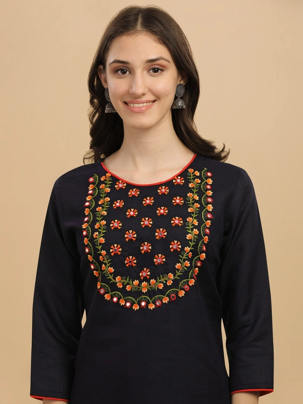FWVT FANCY COTTON NECK EMBROIDERED KURTI SET - M-38, Black