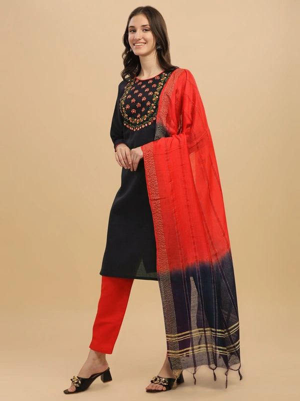 FWVT FANCY COTTON NECK EMBROIDERED KURTI SET - M-38, Black