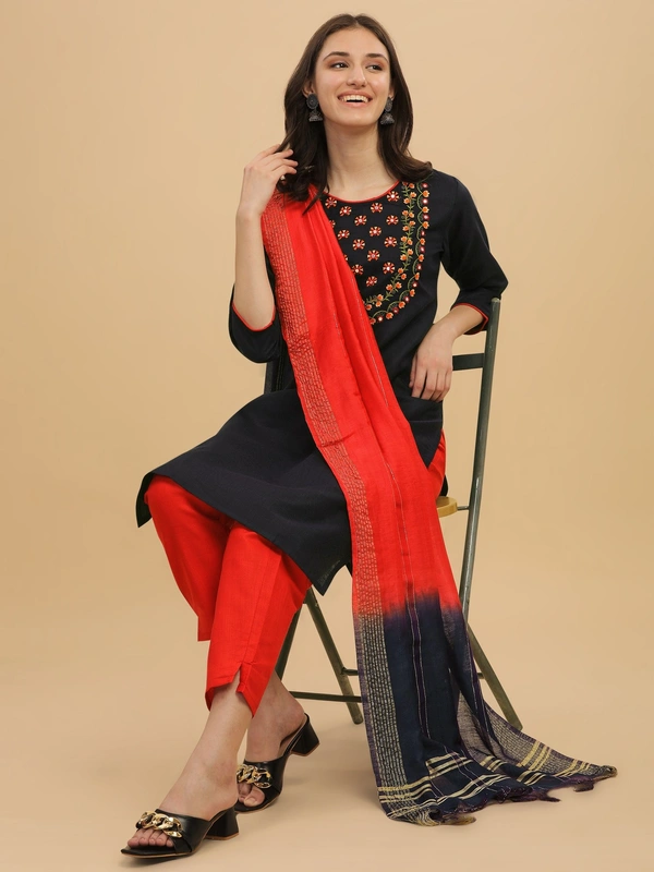 FWVT FANCY COTTON NECK EMBROIDERED KURTI SET - M-38, Black