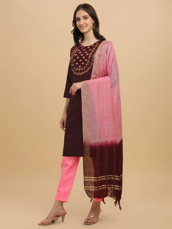 FWVT FANCY COTTON NECK EMBROIDERED KURTI SET - L-40, Crater Brown