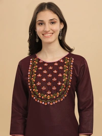 FWVT FANCY COTTON NECK EMBROIDERED KURTI SET - L-40, Crater Brown