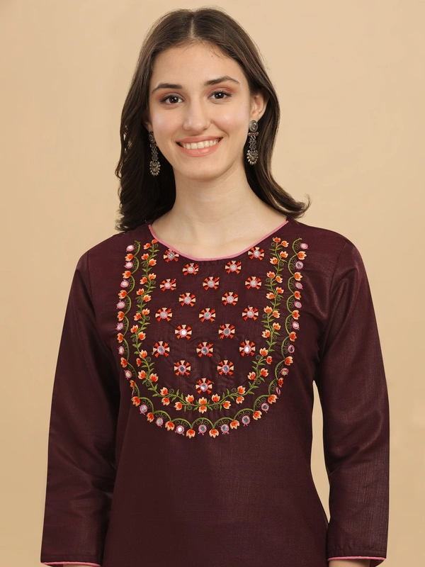 FWVT FANCY COTTON NECK EMBROIDERED KURTI SET - L-40, Crater Brown