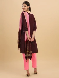 FWVT FANCY COTTON NECK EMBROIDERED KURTI SET - L-40, Crater Brown