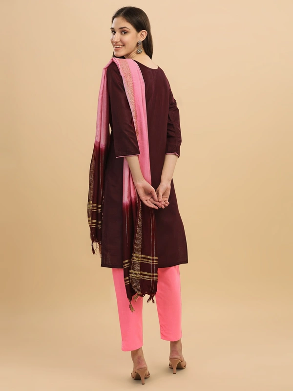 FWVT FANCY COTTON NECK EMBROIDERED KURTI SET - L-40, Crater Brown