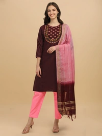 FWVT FANCY COTTON NECK EMBROIDERED KURTI SET - L-40, Crater Brown