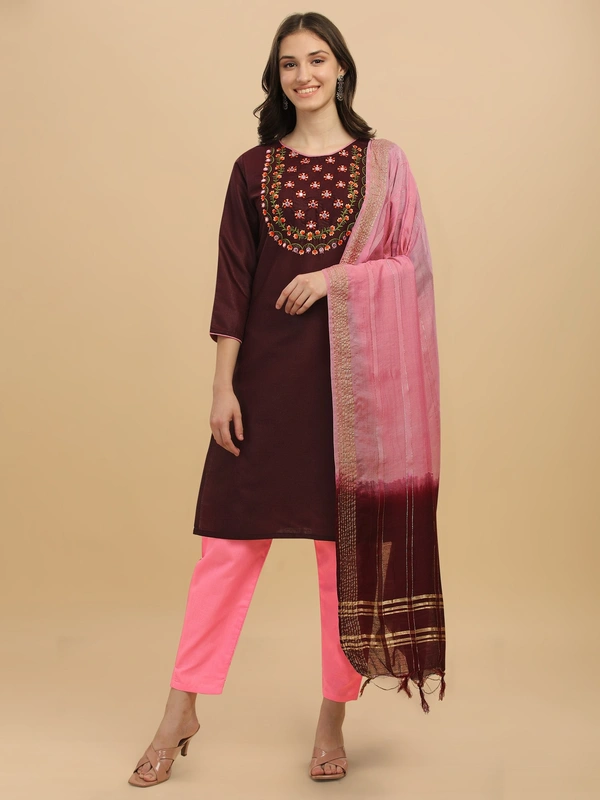 FWVT FANCY COTTON NECK EMBROIDERED KURTI SET - L-40, Crater Brown
