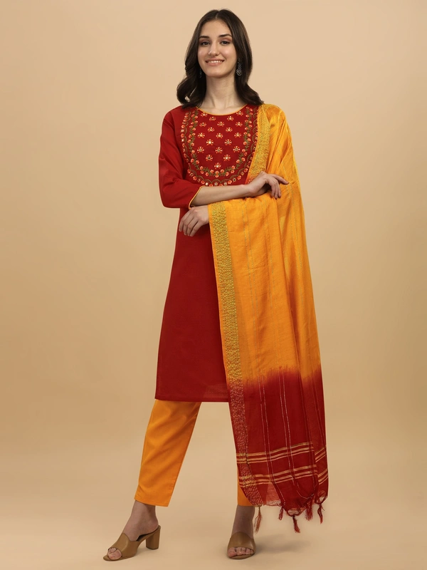 FWVT FANCY COTTON NECK EMBROIDERED KURTI SET - M-38, Old Brick