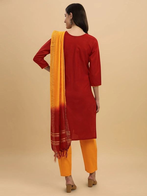 FWVT FANCY COTTON NECK EMBROIDERED KURTI SET - M-38, Old Brick