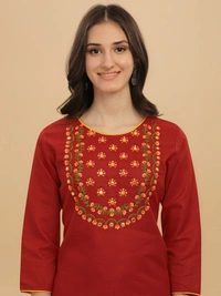 FWVT FANCY COTTON NECK EMBROIDERED KURTI SET - M-38, Old Brick