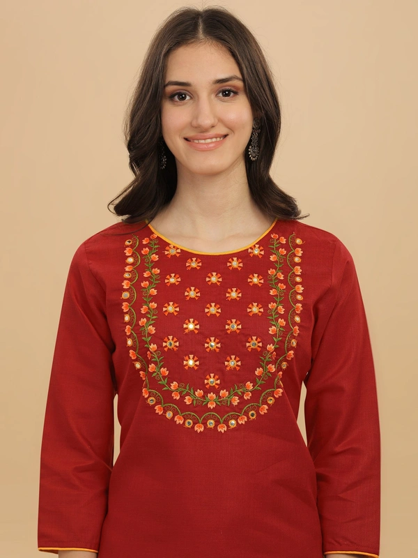 FWVT FANCY COTTON NECK EMBROIDERED KURTI SET - M-38, Old Brick