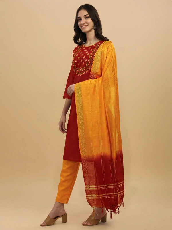 FWVT FANCY COTTON NECK EMBROIDERED KURTI SET - M-38, Old Brick