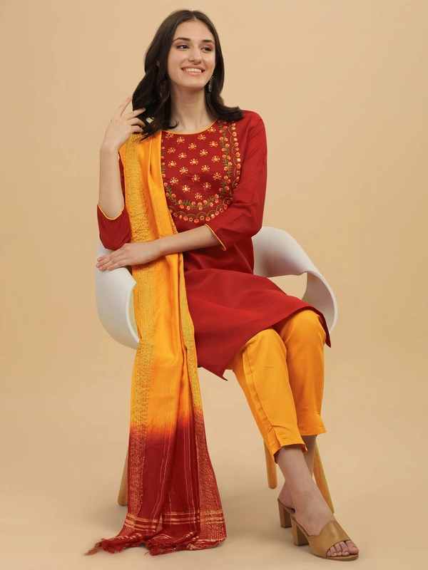FWVT FANCY COTTON NECK EMBROIDERED KURTI SET - M-38, Old Brick