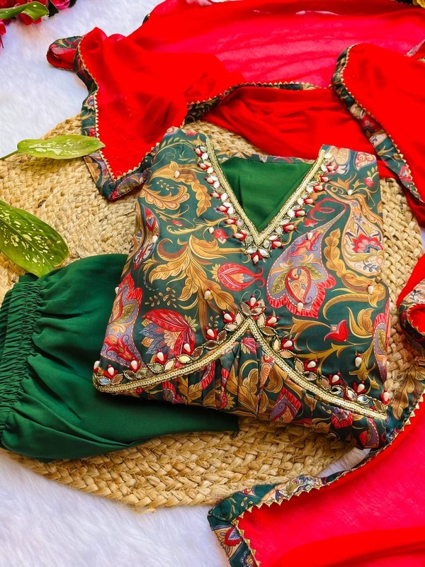 FWMBL SUMMER PARTY WEAR SPECIAL ALIYA DUT DRESS WITH PANT AND DUPATTA - M-38, Deep Fir