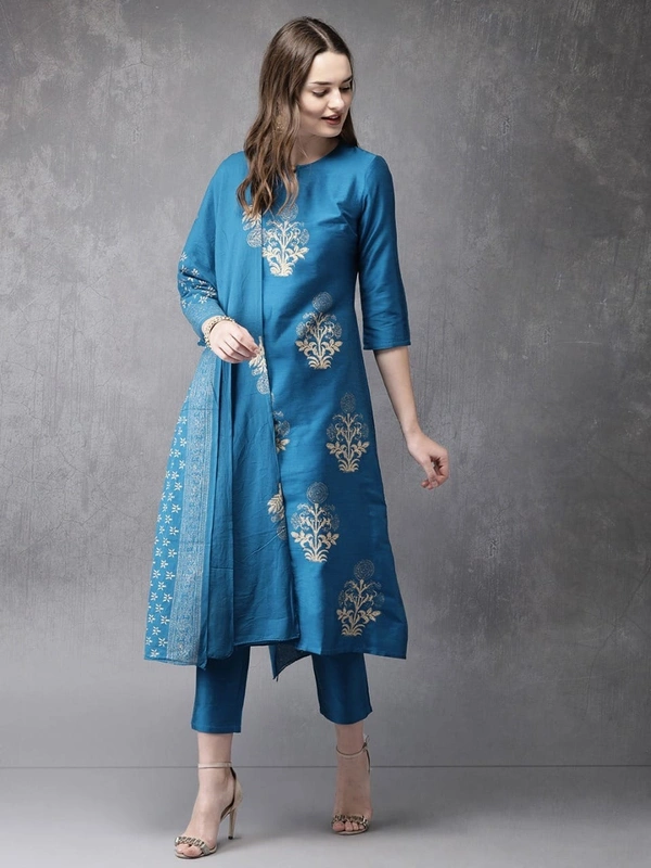 FWVT FANCY FOIL PRINTED KURTI PANT DUPATTA SET - M-38, Chathams Blue
