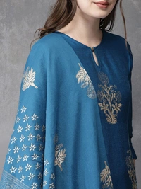 FWVT FANCY FOIL PRINTED KURTI PANT DUPATTA SET - M-38, Chathams Blue