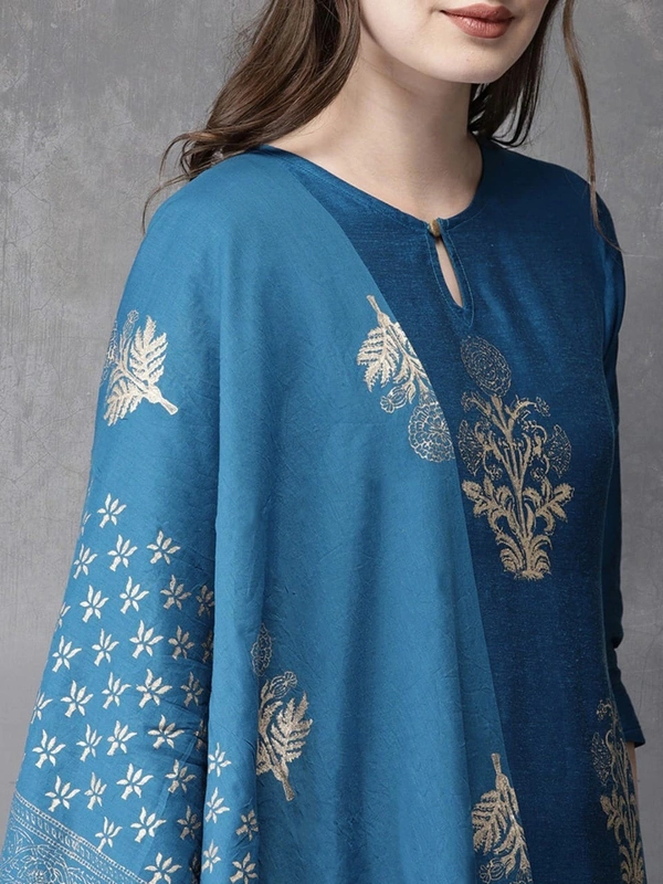 FWVT FANCY FOIL PRINTED KURTI PANT DUPATTA SET - M-38, Chathams Blue