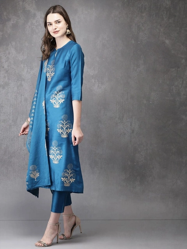 FWVT FANCY FOIL PRINTED KURTI PANT DUPATTA SET - M-38, Chathams Blue