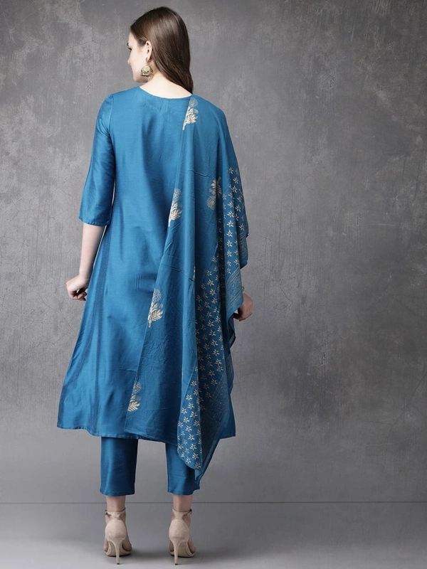 FWVT FANCY FOIL PRINTED KURTI PANT DUPATTA SET - M-38, Chathams Blue