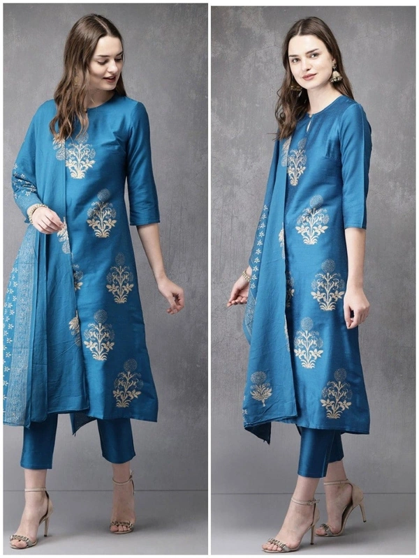 FWVT FANCY FOIL PRINTED KURTI PANT DUPATTA SET - M-38, Chathams Blue