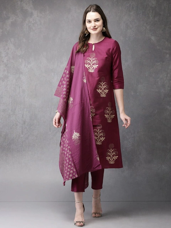 FWVT FANCY FOIL PRINTED KURTI PANT DUPATTA SET - M-38, Tawny Port