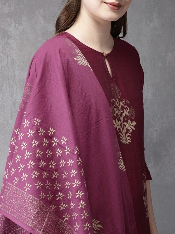 FWVT FANCY FOIL PRINTED KURTI PANT DUPATTA SET - M-38, Tawny Port